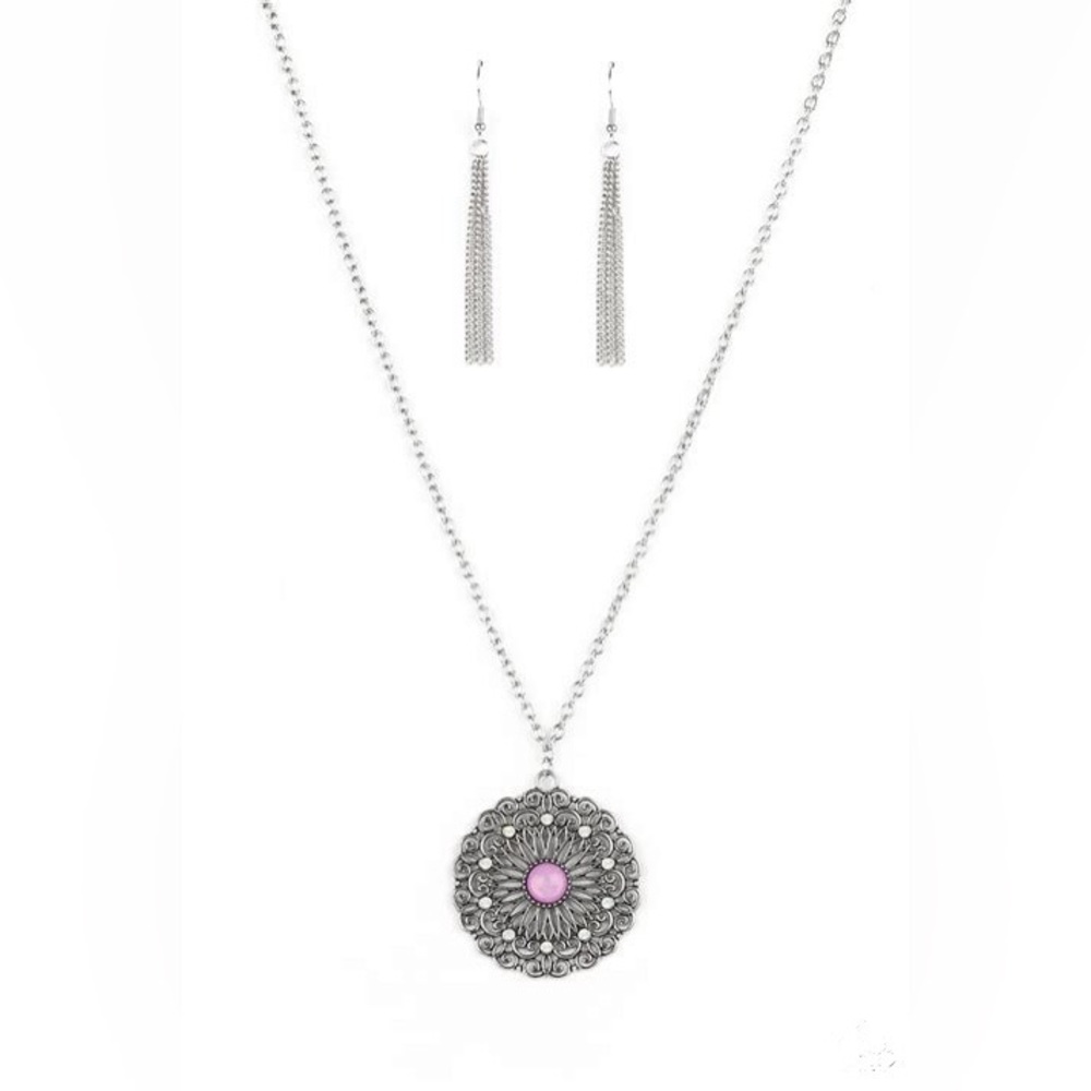 *Long silver and purple/white moonstone necklace.